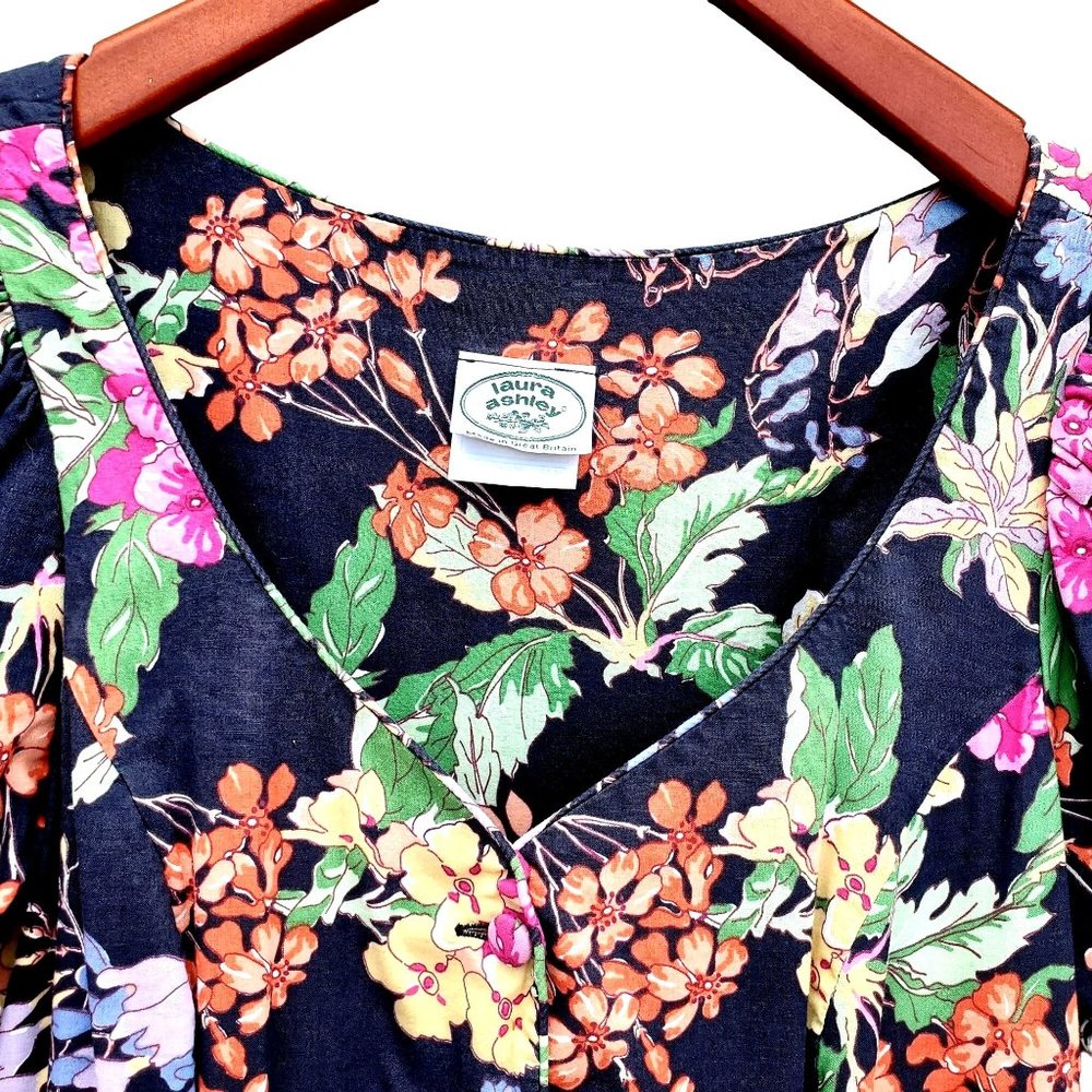 Vintage Laura Ashley Dress M Midi 80s 90s Black Cotton Big Print Floral - Picture 7 of 10
